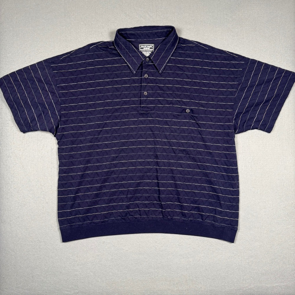 David Taylor Polo Shirt Mens XXL Blue Striped Short Sleeve Pocket Textured Shirt